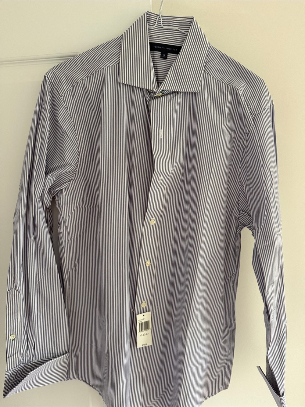 Tommy Hilfiger Men's Blue and White Striped Dress Shirt